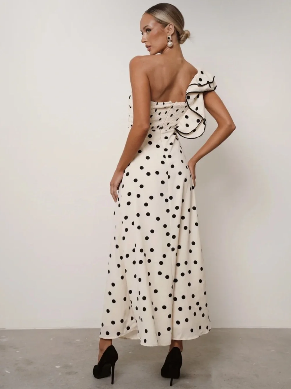 MABLE Ivory Black Polka Dot One Shoulder Ruffle Maxi Dress